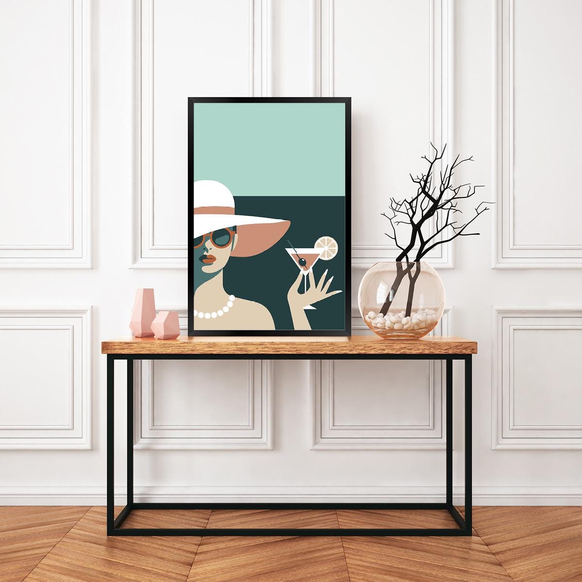 Coquette Cocktail Hour Wall Art – Retro Woman w Martini in Hat & Pearls – Glam Modern Print for Girls Night, Dressing Room or Bar Cart Decor