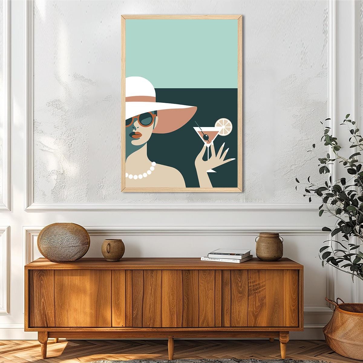 Coquette Cocktail Hour Wall Art – Retro Woman w Martini in Hat & Pearls – Glam Modern Print for Girls Night, Dressing Room or Bar Cart Decor