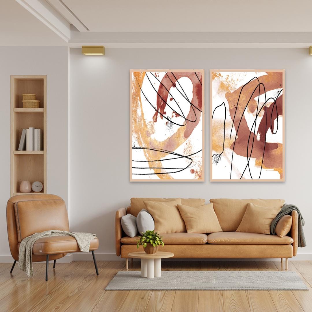 Earth Tone Abstract Wall Art Pair - Gold Minimalist Framed Canvas Prints - Camel Brown Black White Home Decor -Modern Contemporary Paintings