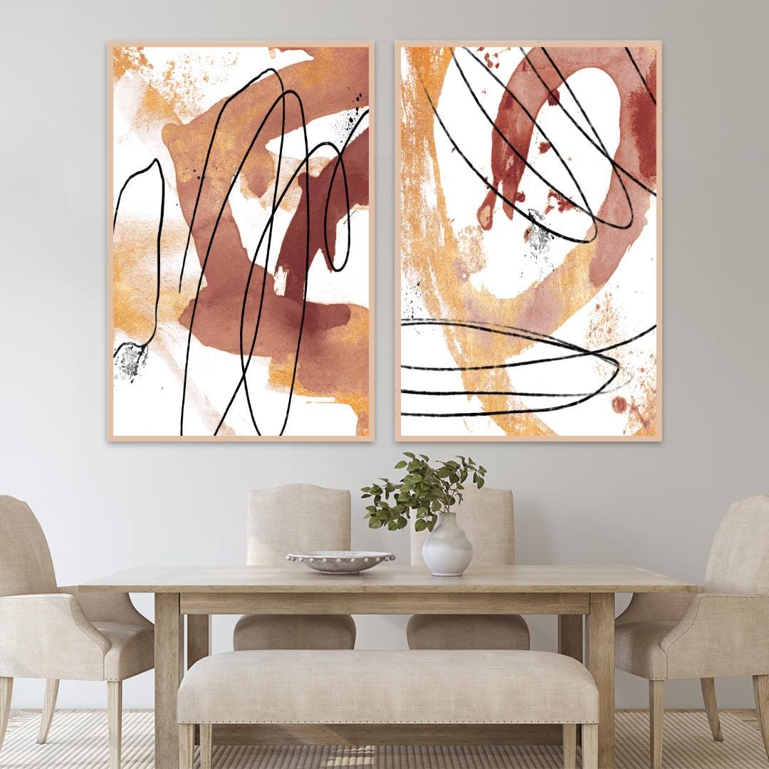 Earth Tone Abstract Wall Art Pair - Gold Minimalist Framed Canvas Prints - Camel Brown Black White Home Decor -Modern Contemporary Paintings