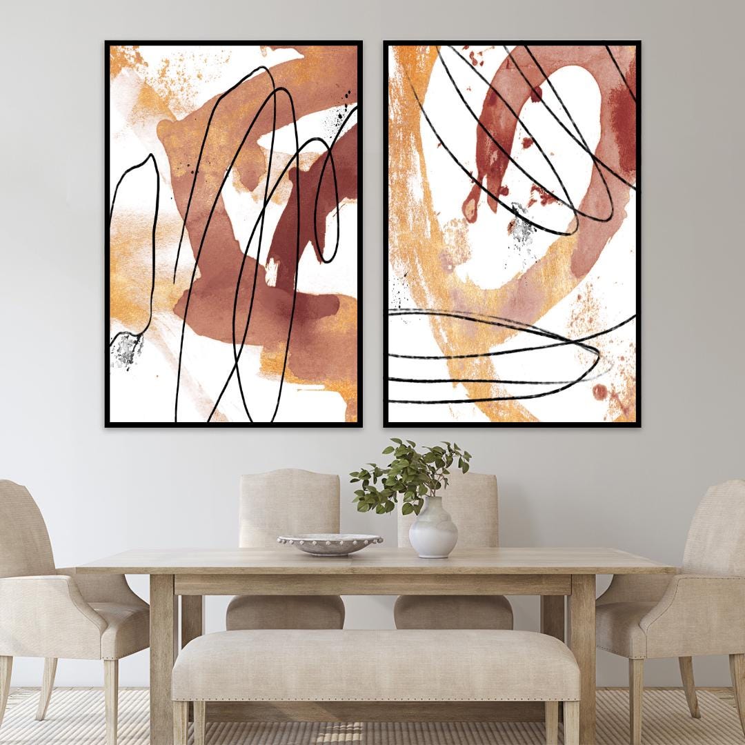 Earth Tone Abstract Wall Art Pair - Gold Minimalist Framed Canvas Prints - Camel Brown Black White Home Decor -Modern Contemporary Paintings