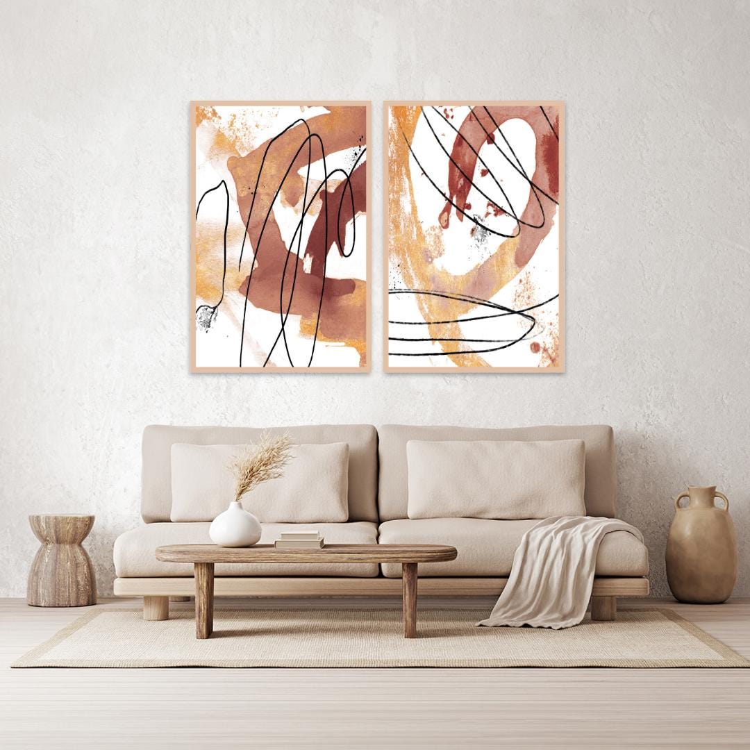 Earth Tone Abstract Wall Art Pair - Gold Minimalist Framed Canvas Prints - Camel Brown Black White Home Decor -Modern Contemporary Paintings