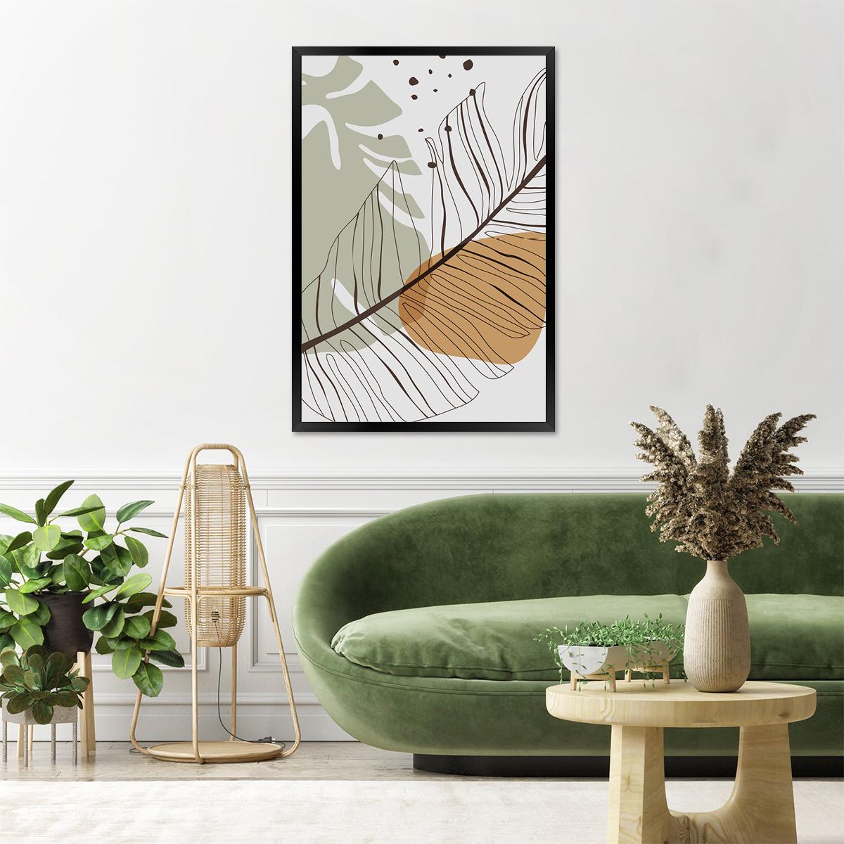 Boho Palm Leaf Wall Art - Colorful Abstract Botanical Canvas Print, Modern Tropical Home Decor, Mid-Century Line Art, Framed Options
