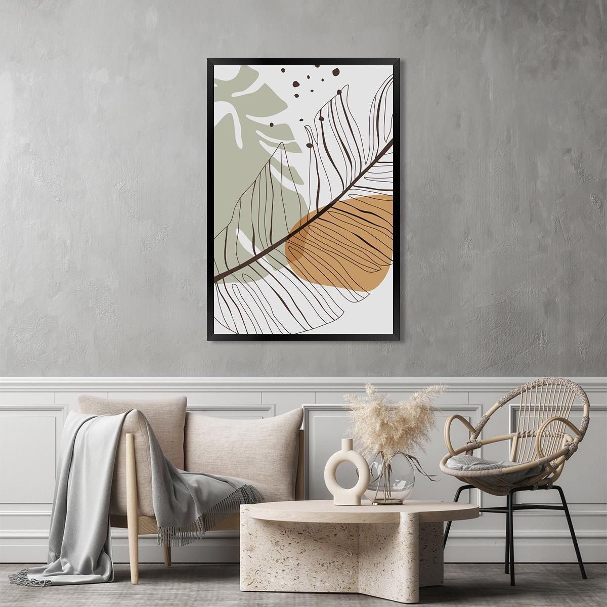Boho Palm Leaf Wall Art - Colorful Abstract Botanical Canvas Print, Modern Tropical Home Decor, Mid-Century Line Art, Framed Options