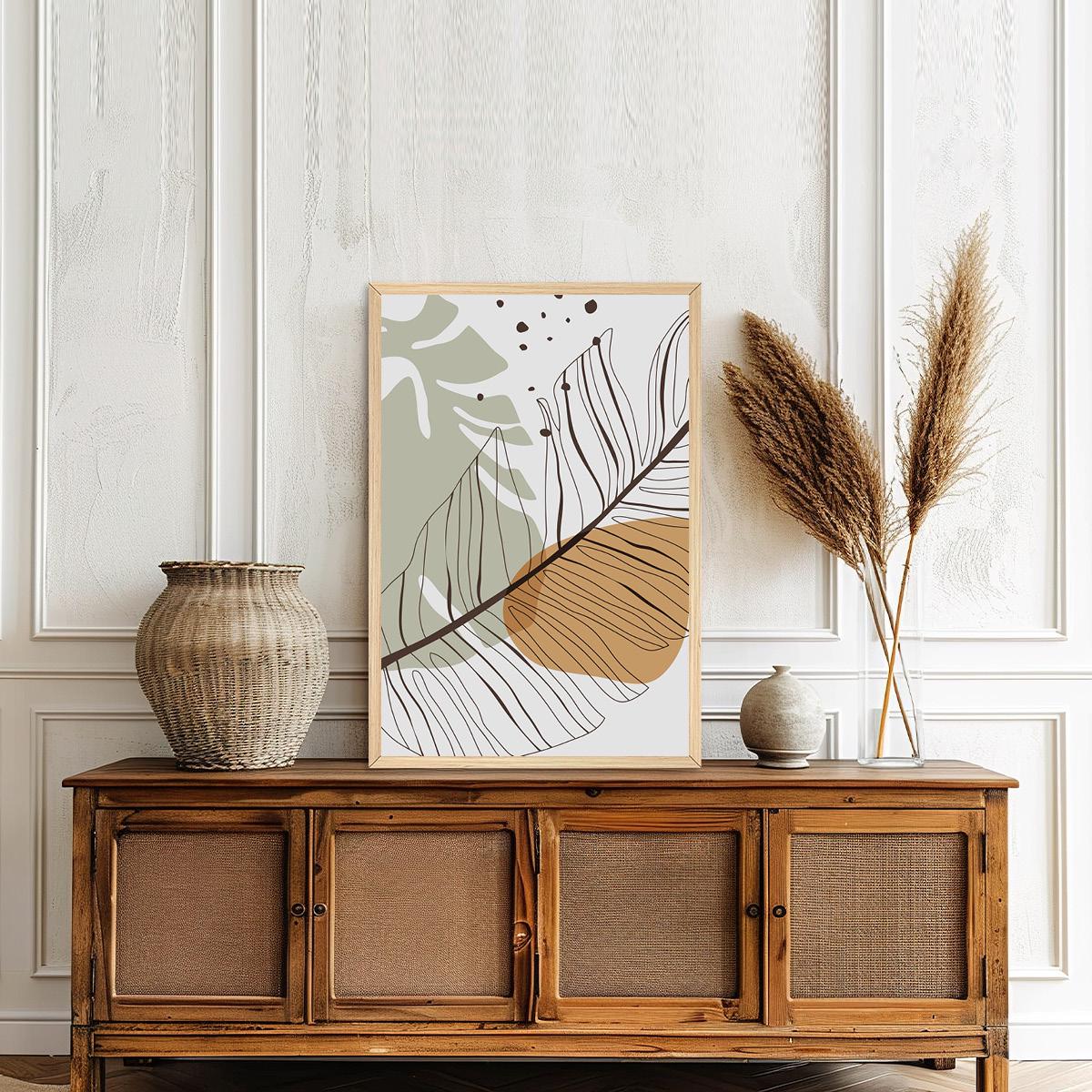 Boho Palm Leaf Wall Art - Colorful Abstract Botanical Canvas Print, Modern Tropical Home Decor, Mid-Century Line Art, Framed Options