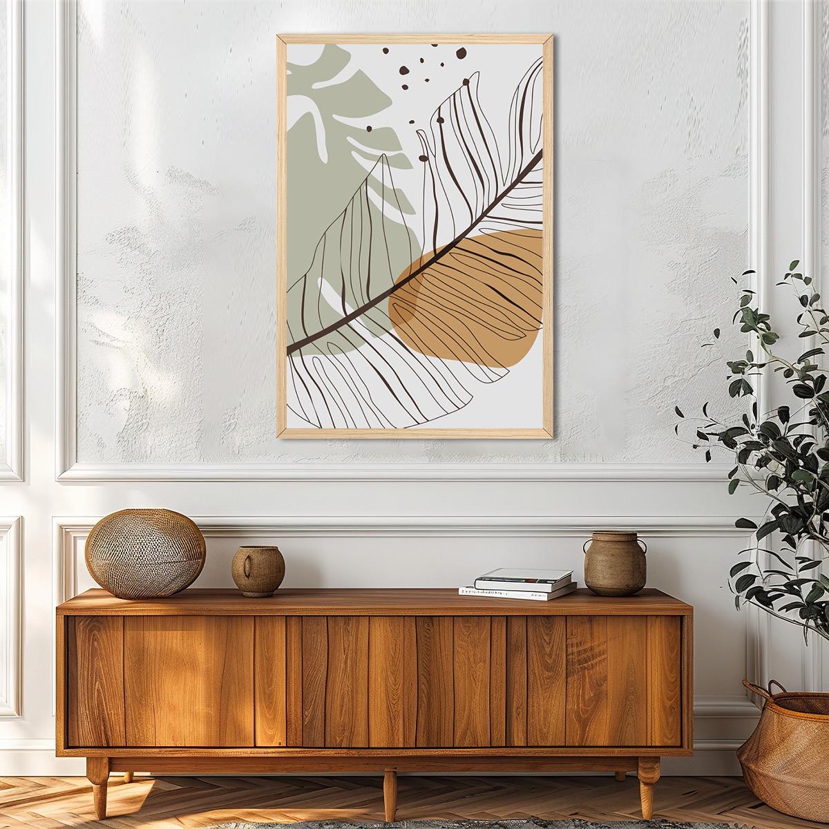 Boho Palm Leaf Wall Art - Colorful Abstract Botanical Canvas Print, Modern Tropical Home Decor, Mid-Century Line Art, Framed Options