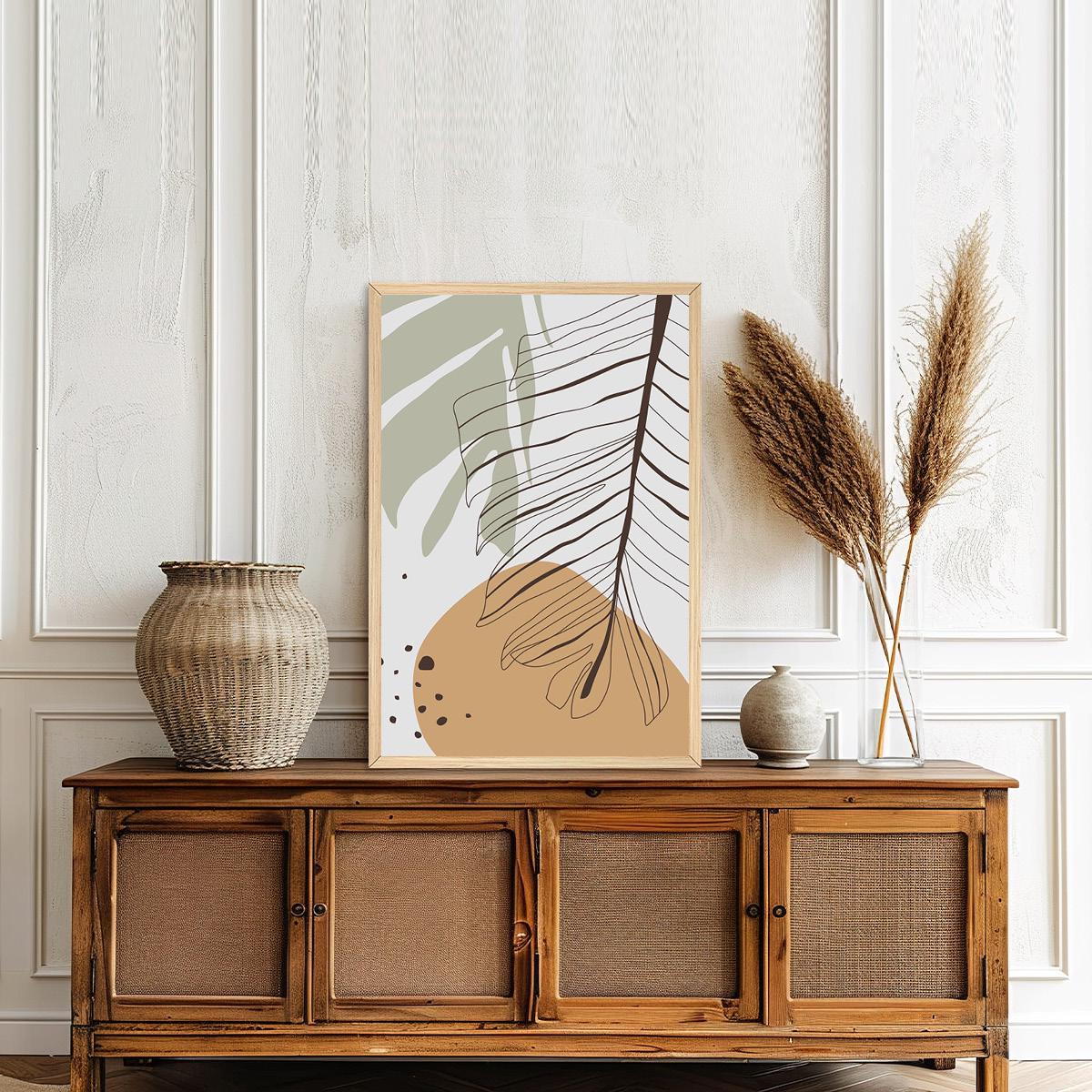 Boho Palm Leaf Wall Art - Modern Tropical Home Decor, Colorful Abstract Botanical Canvas Print, Mid-Century Line Art, Framed Options