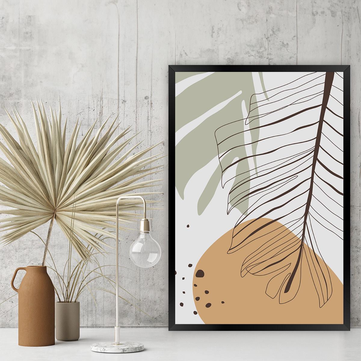 Boho Palm Leaf Wall Art - Modern Tropical Home Decor, Colorful Abstract Botanical Canvas Print, Mid-Century Line Art, Framed Options