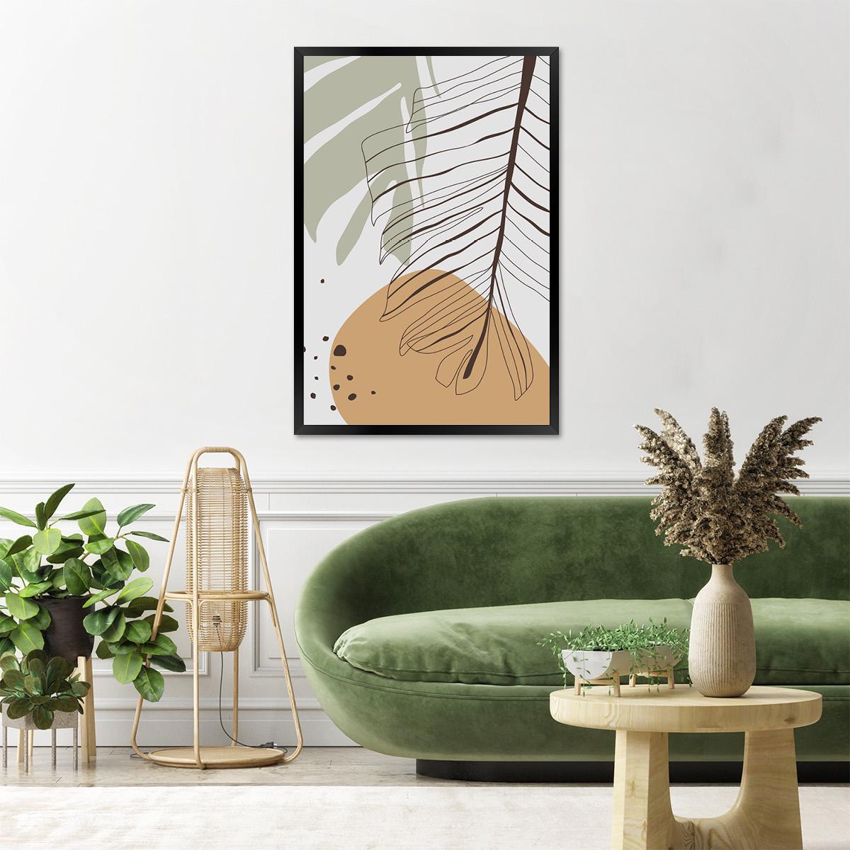 Boho Palm Leaf Wall Art - Modern Tropical Home Decor, Colorful Abstract Botanical Canvas Print, Mid-Century Line Art, Framed Options