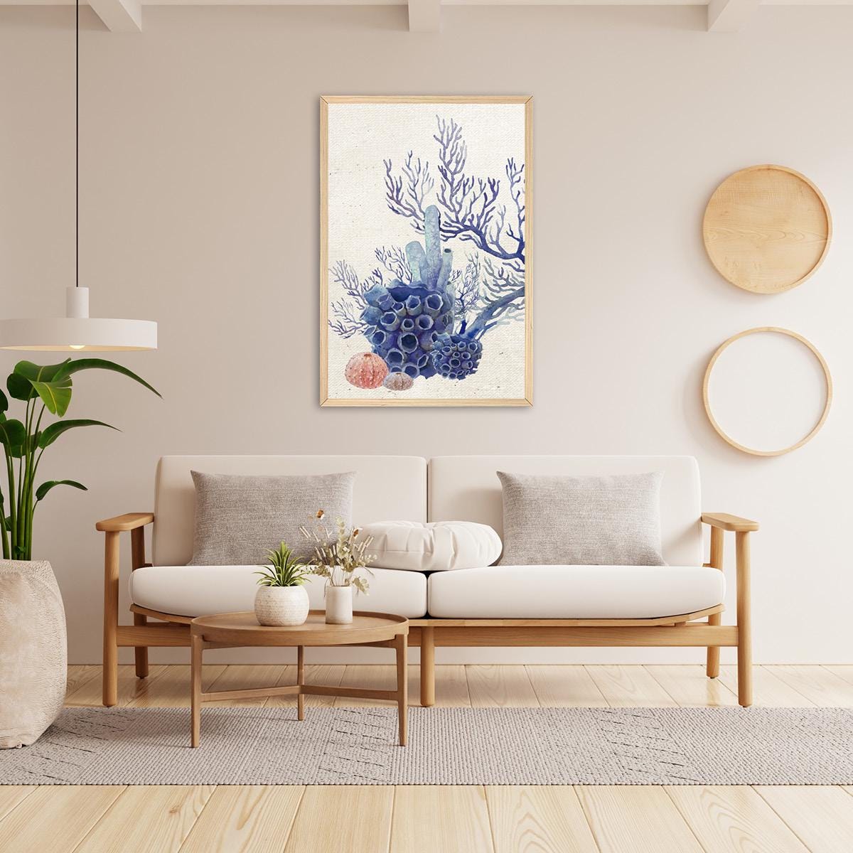 Coastal Coral Watercolor Canvas Print: Blue Ocean Reef Art