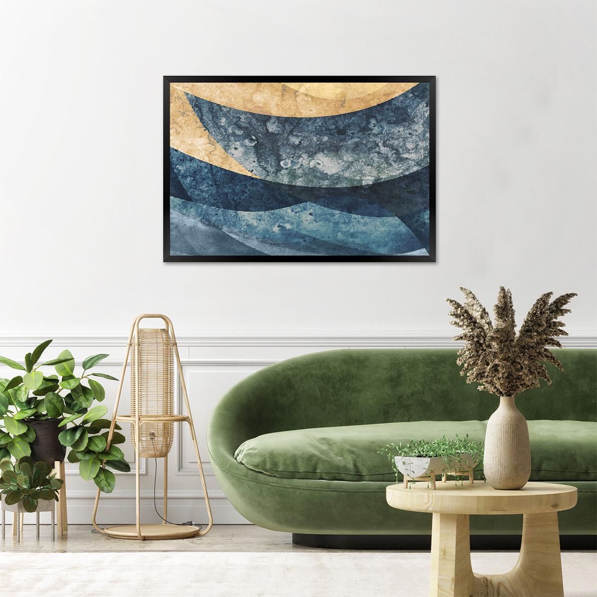 Ocean Tides Abstract Wall Art Print – Blue & Gold Modern Coastal Wave Painting – Textured Watercolor Canvas for Beach House or Bedroom Decor