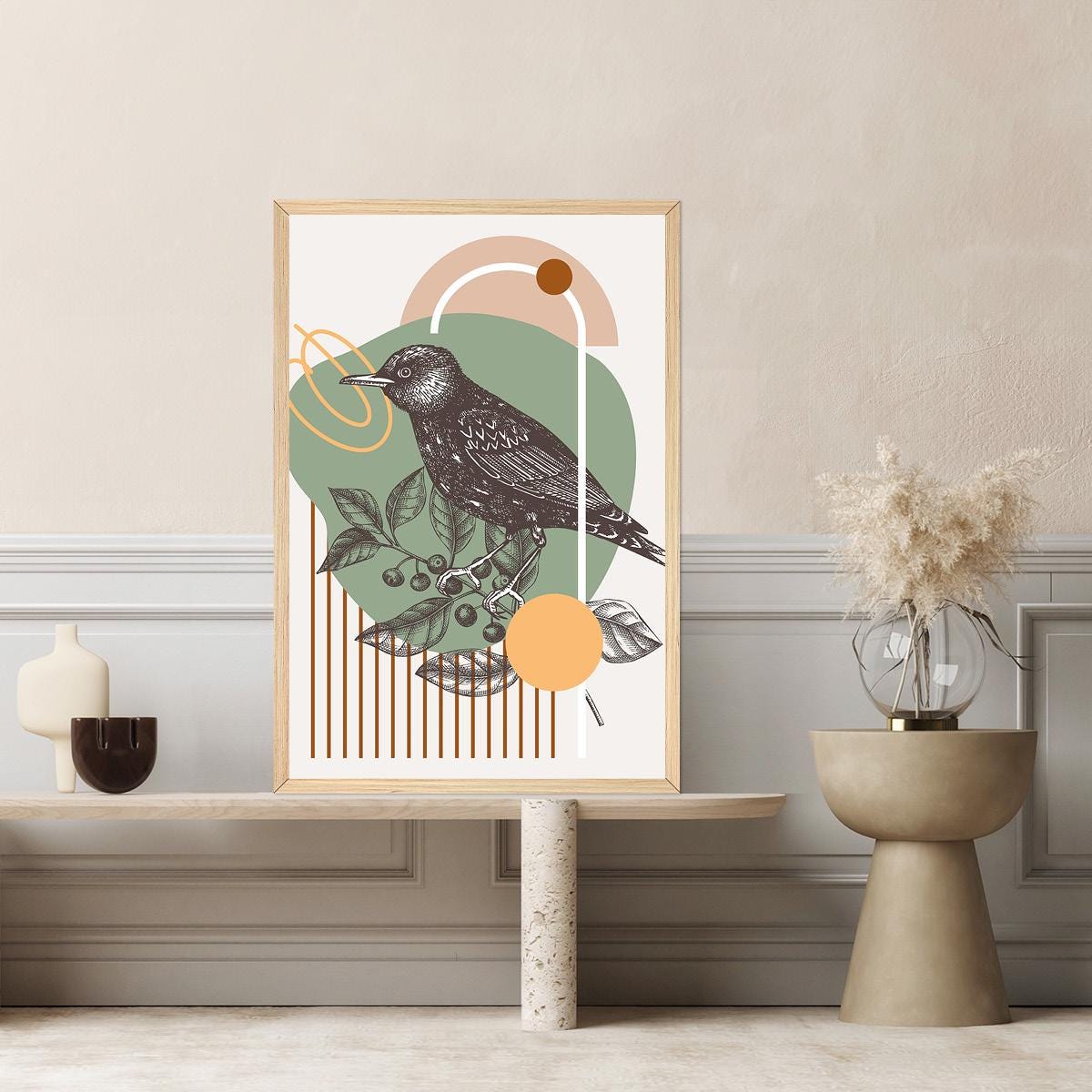 Vintage Bird Botanical Art Print - Mid Century Nature Illustration - Modern Abstract Flower Wall Decor - Retro Boho Home Decor - Framed Opt