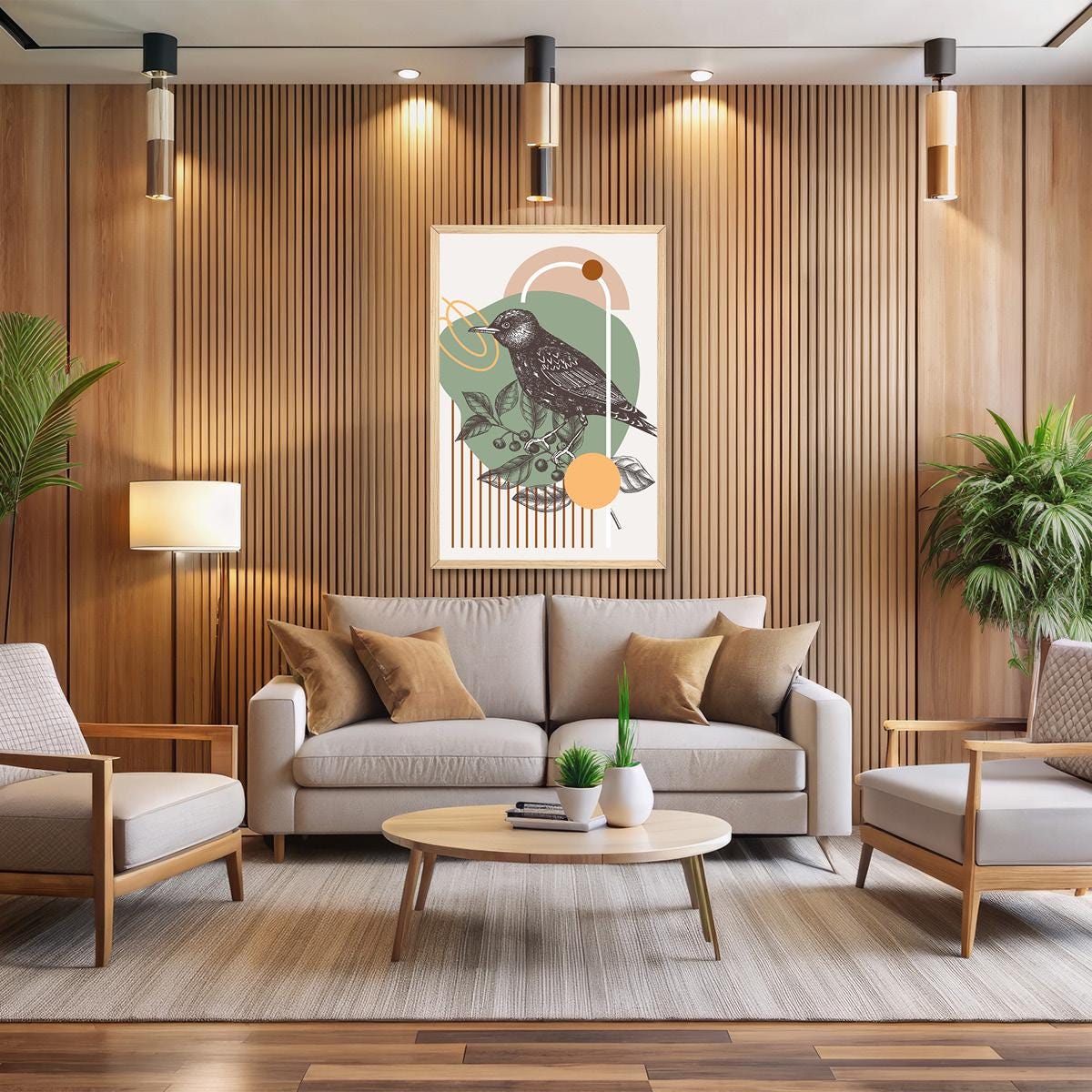 Vintage Bird Botanical Art Print - Mid Century Nature Illustration - Modern Abstract Flower Wall Decor - Retro Boho Home Decor - Framed Opt