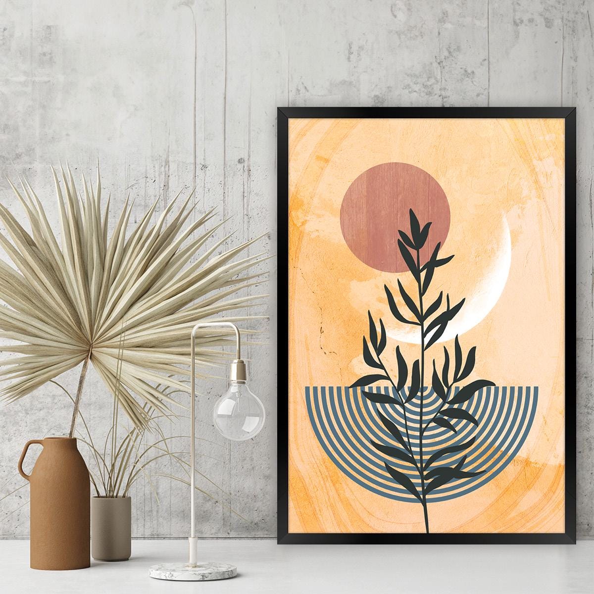 Geometric Shapes & Lines Floral Canvas Print, Boho Leaf Wall Art, Modern Botanical Home Decor for Livingroom, Framed Options Available