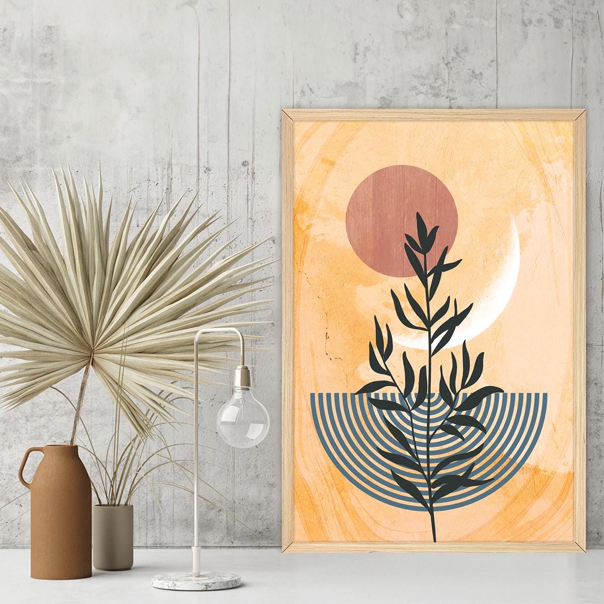 Geometric Shapes & Lines Floral Canvas Print, Boho Leaf Wall Art, Modern Botanical Home Decor for Livingroom, Framed Options Available