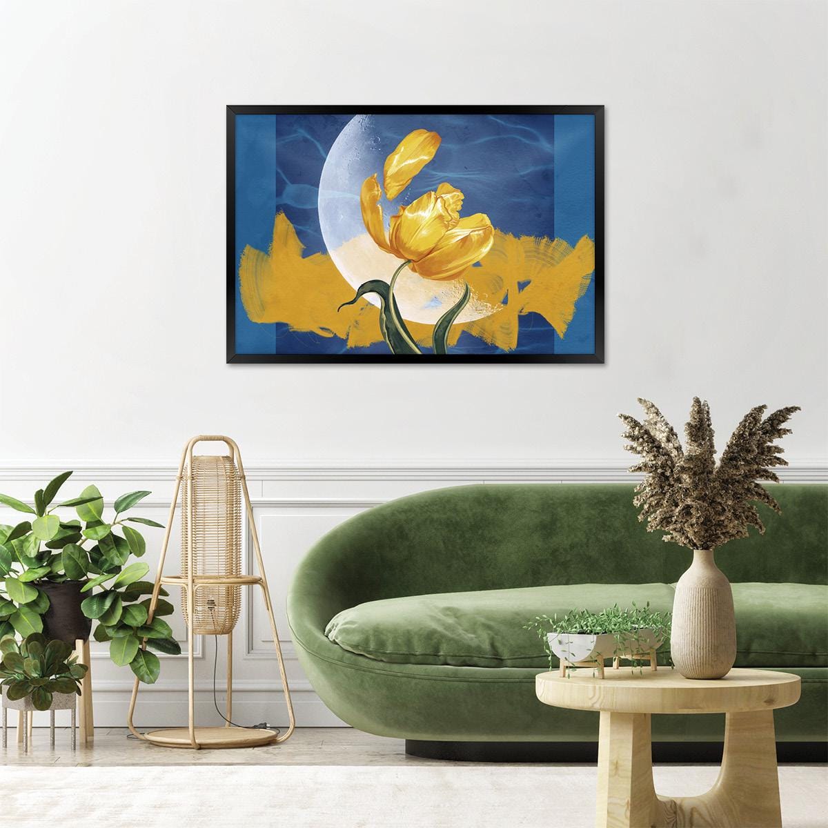 Moon Flower Canvas Print: Celestial Surreal Modern Art, Yellow & Blue Floral Decor