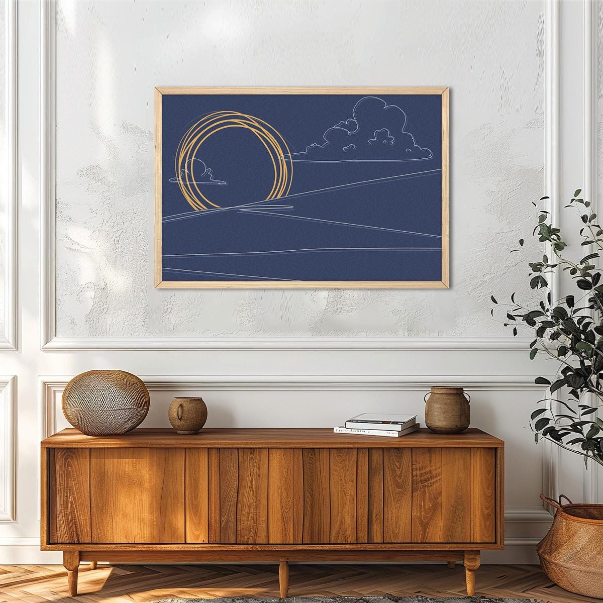 Blue Abstract Sketched Landscape Canvas Boho Print Wall Art