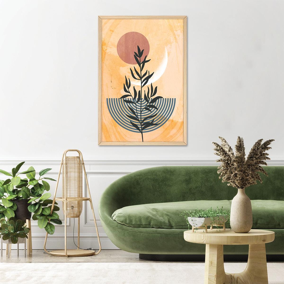 Geometric Shapes & Lines Floral Canvas Print, Boho Leaf Wall Art, Modern Botanical Home Decor for Livingroom, Framed Options Available