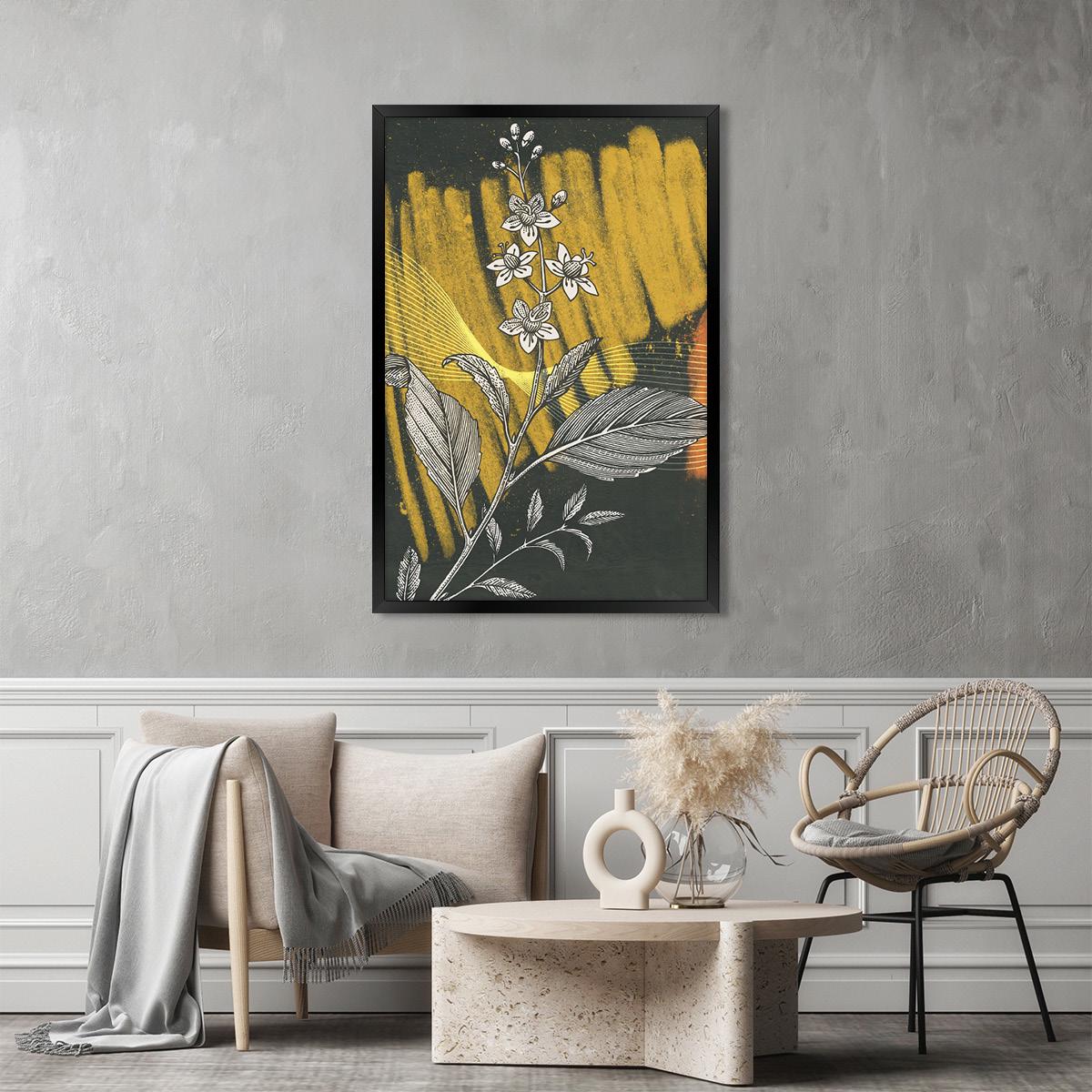 Colorful Black & Yellow Flower Illustration,Floral Art Canvas Print, Modern Botanical Wall Art, Vibrant Home Decor, Framed Options Available