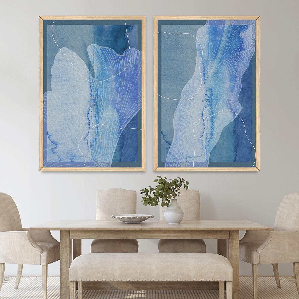 Blue Abstract Leaf Bontanical Wall Art, Wood Framed Canvas Print Pair Home Decor