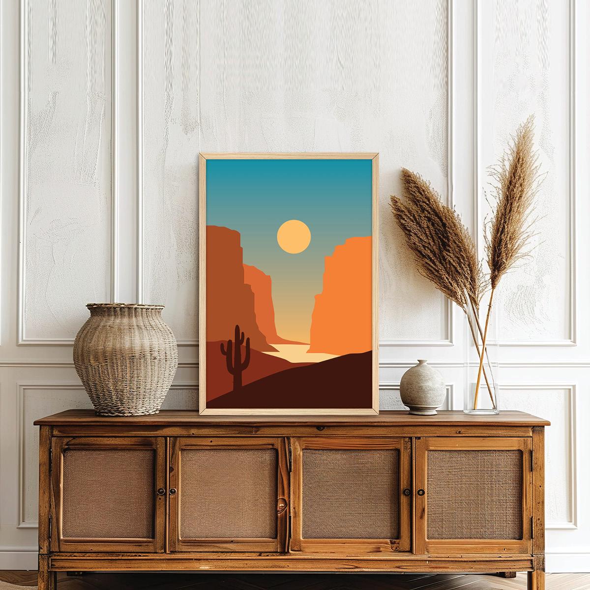 Southwestern Desert Canvas Print: Modern Cactus Mountain Wall Art