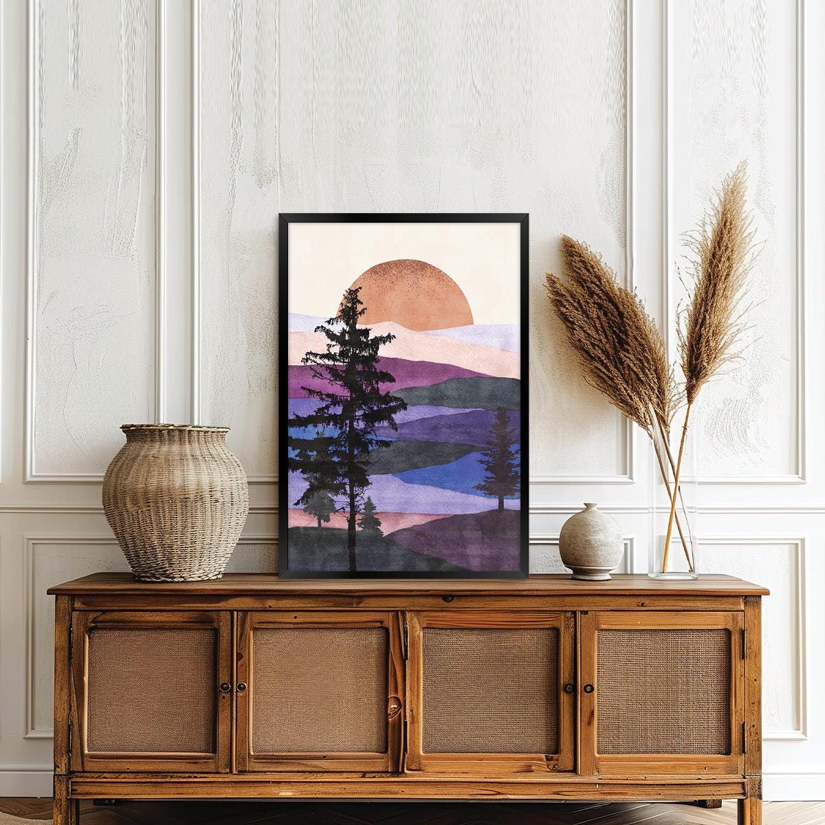 Colorful Purple Mountain Sunrise Canvas Print: Abstract Boho Landscape Wall Art