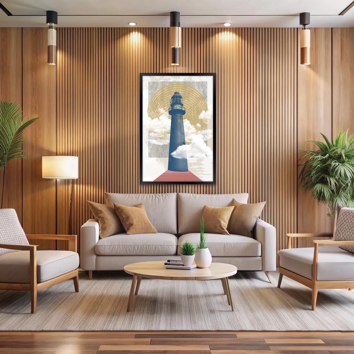 Modern Lighthouse Coastal Geometric Canvas Print Wall Art, Framed Options Available