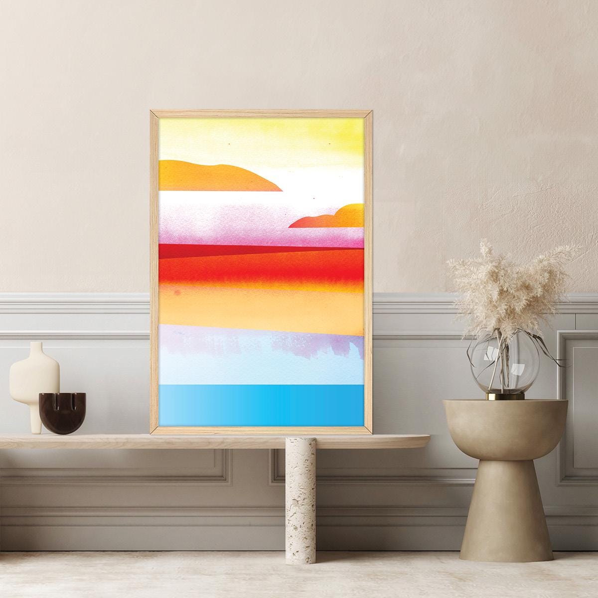 Colorful Coastal Beach Scene Canvas Art Print, Framed Options Available