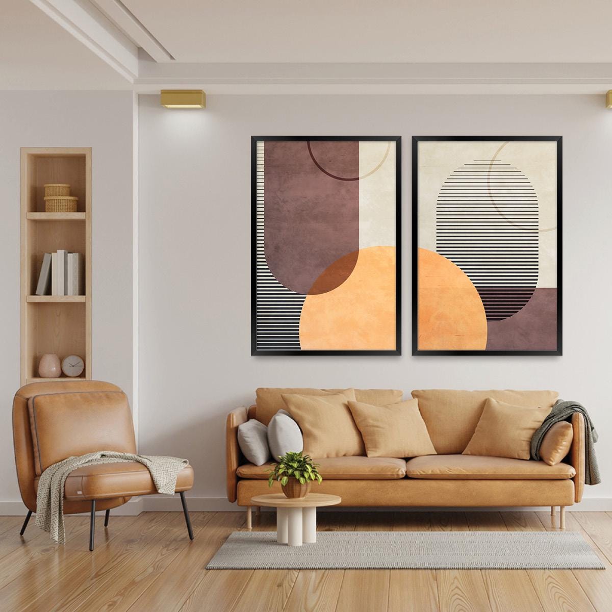 Boho Geometric Wall Art, Colorful Minimalist Wood Framed Canvas Print Set Pair