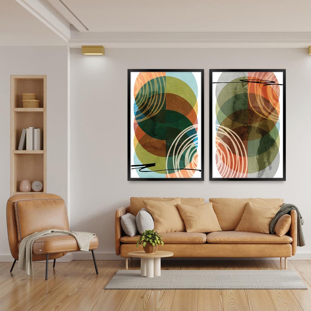 Abstract Geometric Circles Wall Art, Colorful Minimalist Wood Framed Canvas Print Set Pair