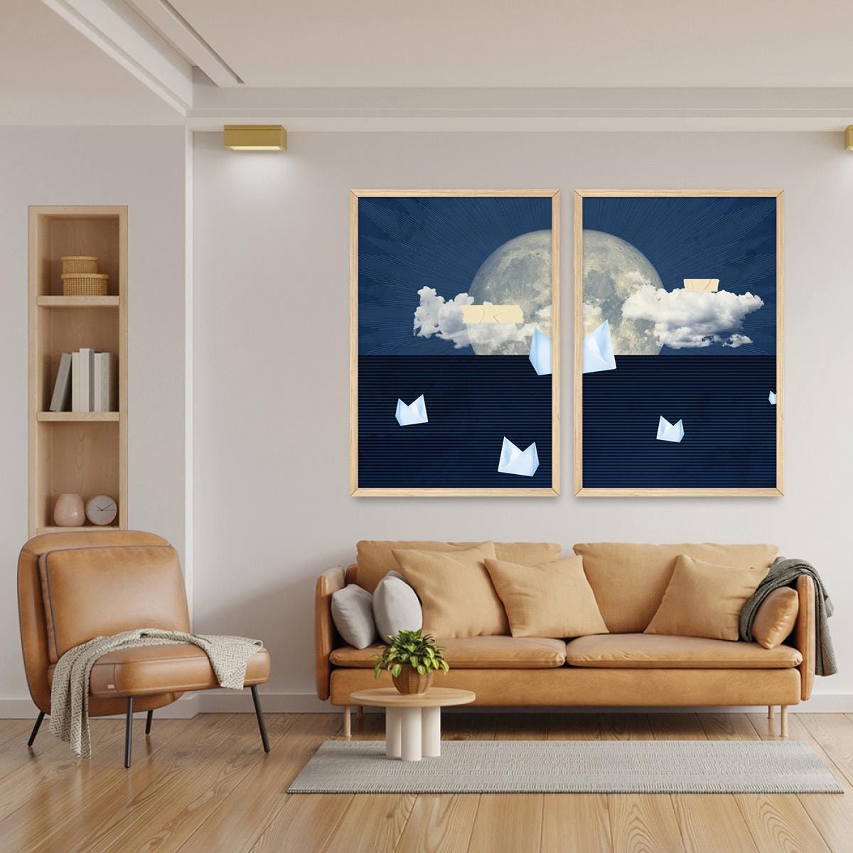Blue Cloud Moon Canvas Print Set, Dreamy Paper Boats, Wood Frame Pair
