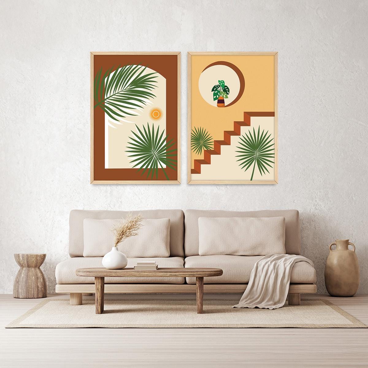 Boho Botanical Wall Art Set, Plants & Palms Southwesten Wood Framed Canvas Print Pair