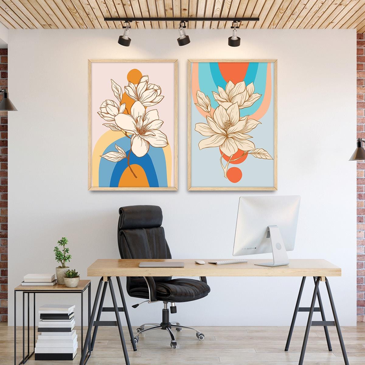 Boho Floral Illustration Geometric Wall Art, Colorful Wood Framed Canvas Print Pair