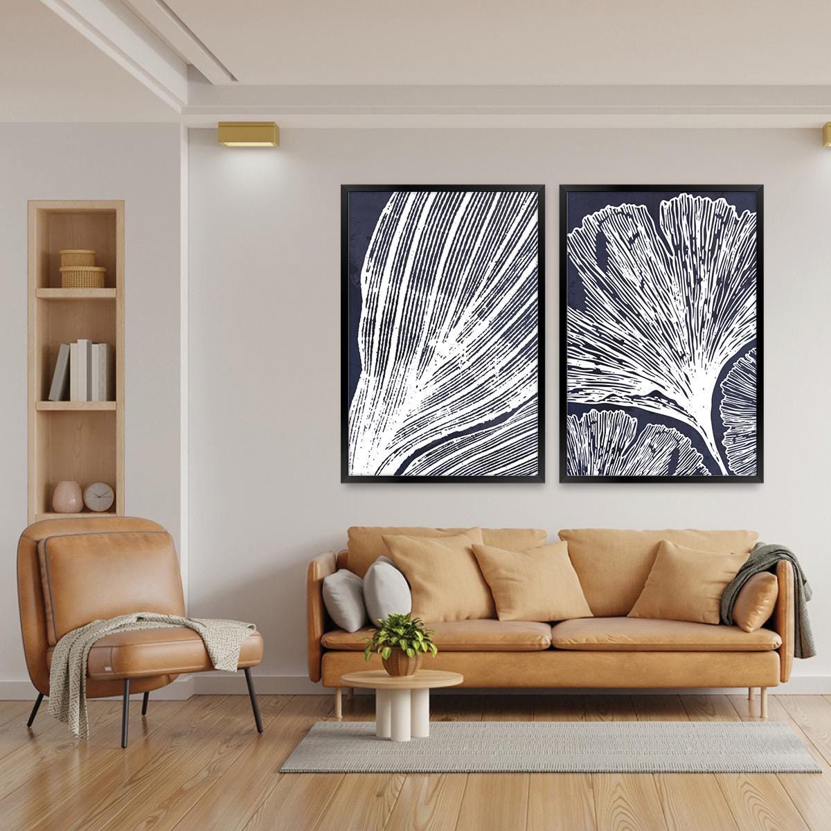 Botanical Leaf Illustration Framed Canvas Print Pair: Blue & White Wall Art