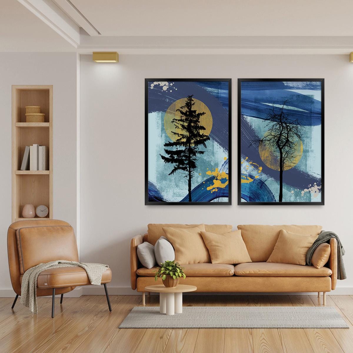 Blue Tree Silhouette Wall Art, Abstract Rustic Wood Framed Canvas Print Pair