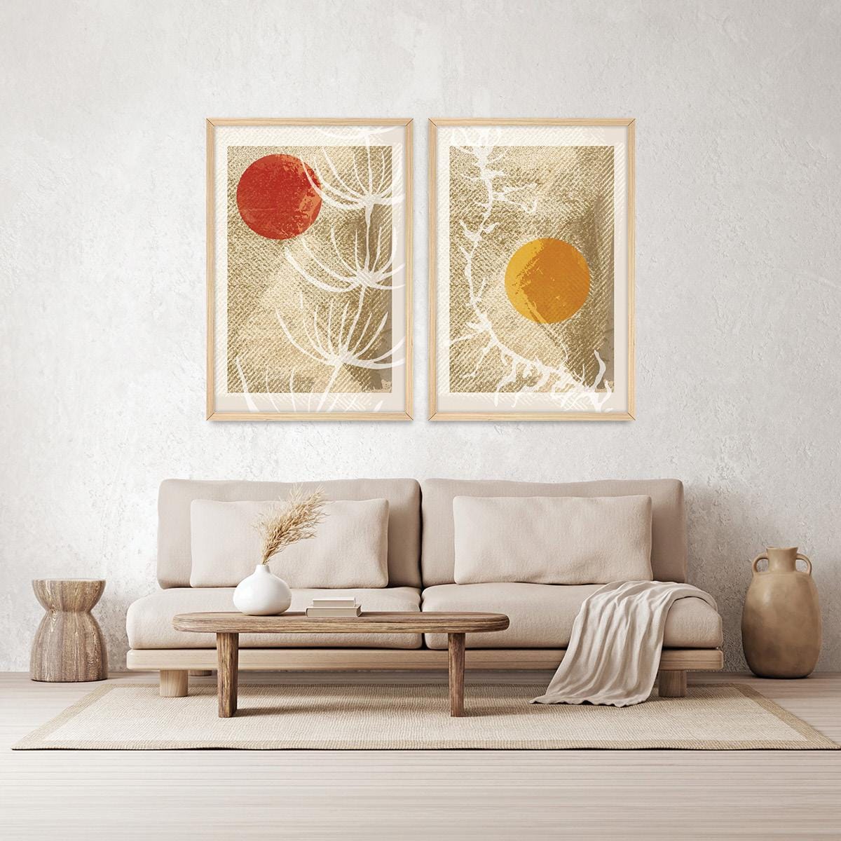 Abstract Seaweed Canvas Print Pair, Earth Tone Botanical, Wood Frame