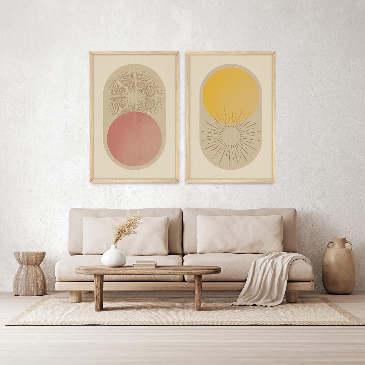 Boho Sun Rays Framed Canvas Print Pair, Celestial Geometric Wall Art
