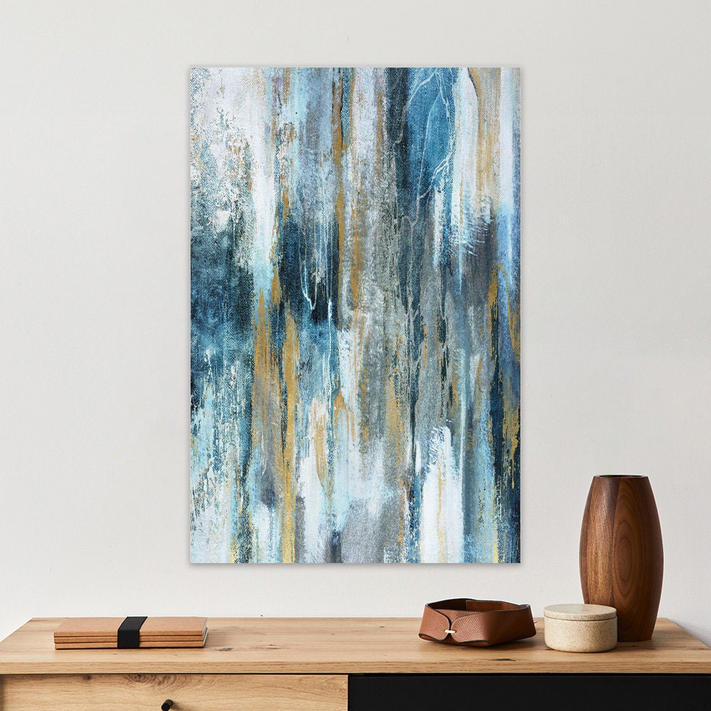 Minimalist Abstract Blue White & Gold Metal Wall Art Glossy Aluminum Print Home Decor Modern Large Contemporary Flowing Fluid Painting