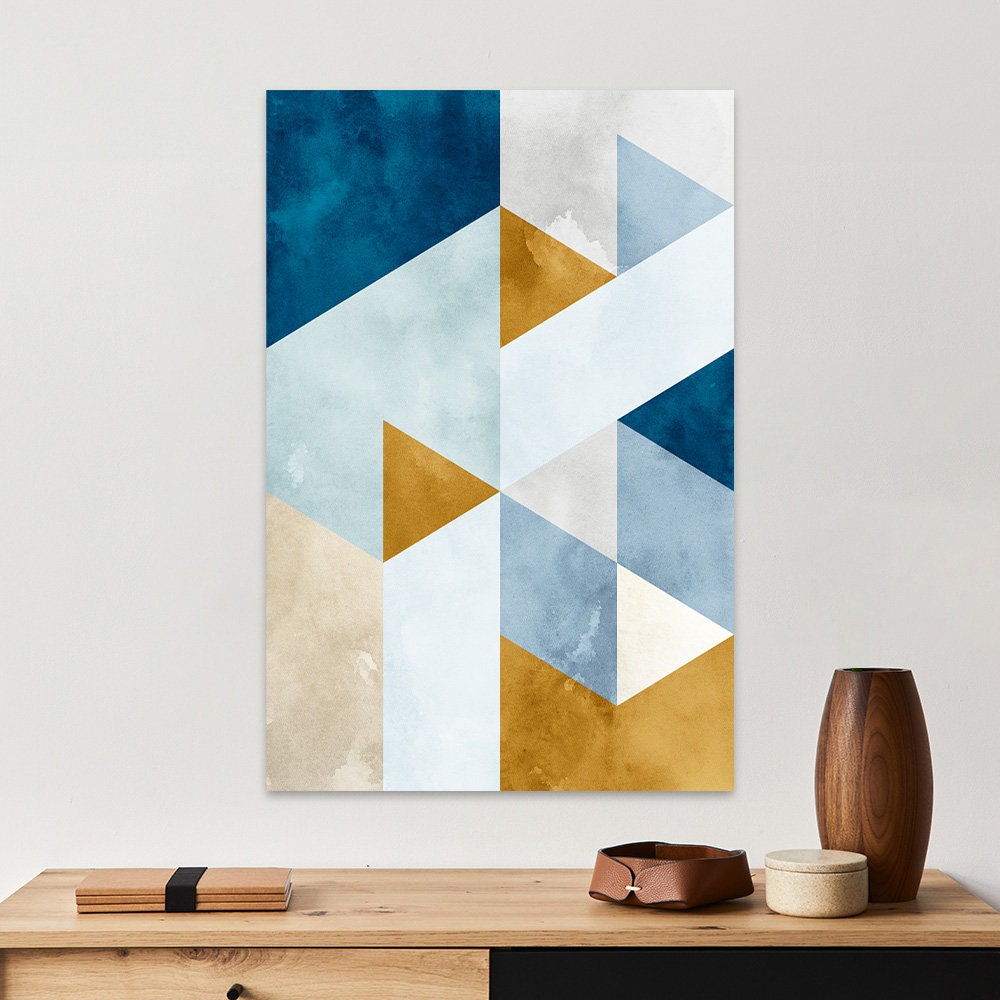 Geometric Coastal Nautical Large Abstract Minimalist Metal Wall Art Blue White Gold Glossy Aluminum Print Decor Modern Contemporary Painting