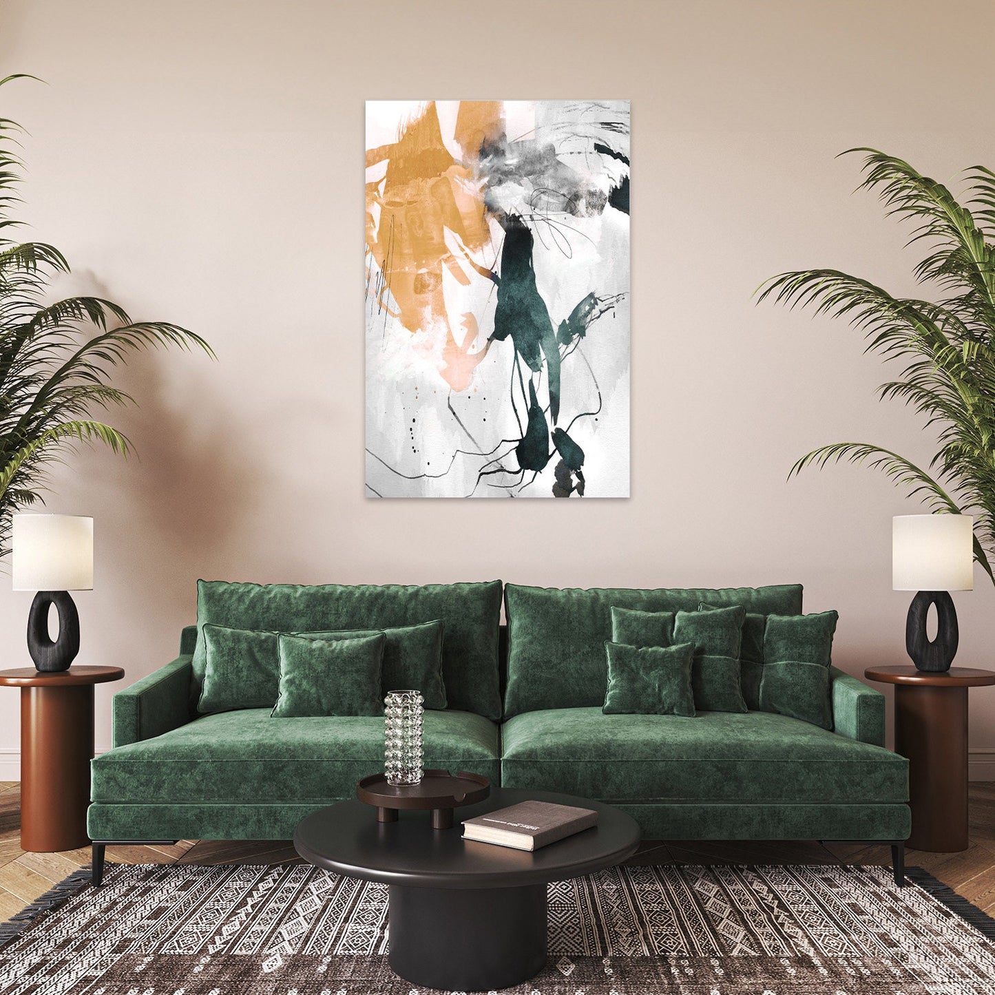 Bold Abstract Minimalist Painting Large Neutral Earth Tone Camel Green Black Metal Wall Art Glossy Aluminum Print Decor Modern Contemporary