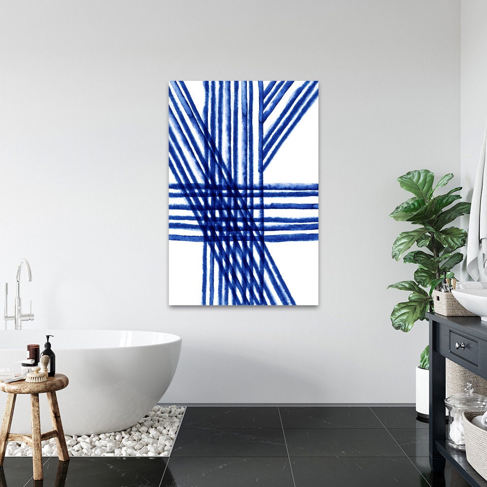 Blue & White Minimalist Painted Lines Modern Geometric Abstract Metal Wall Art Glossy Sleek Aluminum Print Decor Large Contemporary Painting