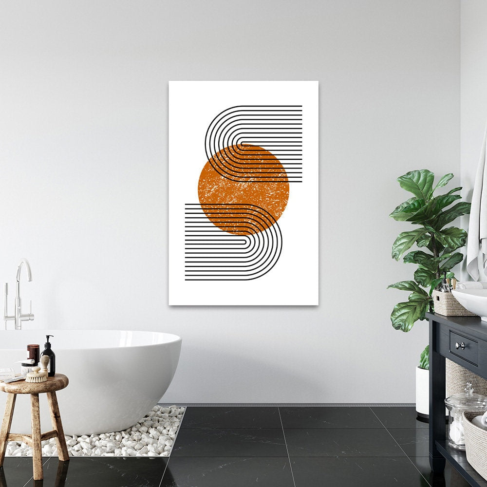 Mid Century Modern Minimalist Geometric MCM Retro Neutral Line Art Metal Wall Sleek Glossy Large Aluminum Print Contemporary Home Decor