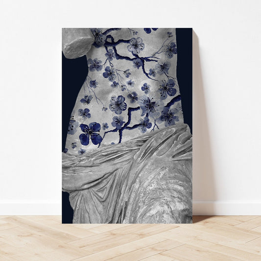 Blue & White Floral Classical Female Sculpture Minimalist Fine Art Glossy Large Aluminum Metal Print Wall Decor Modern Home Contemporary