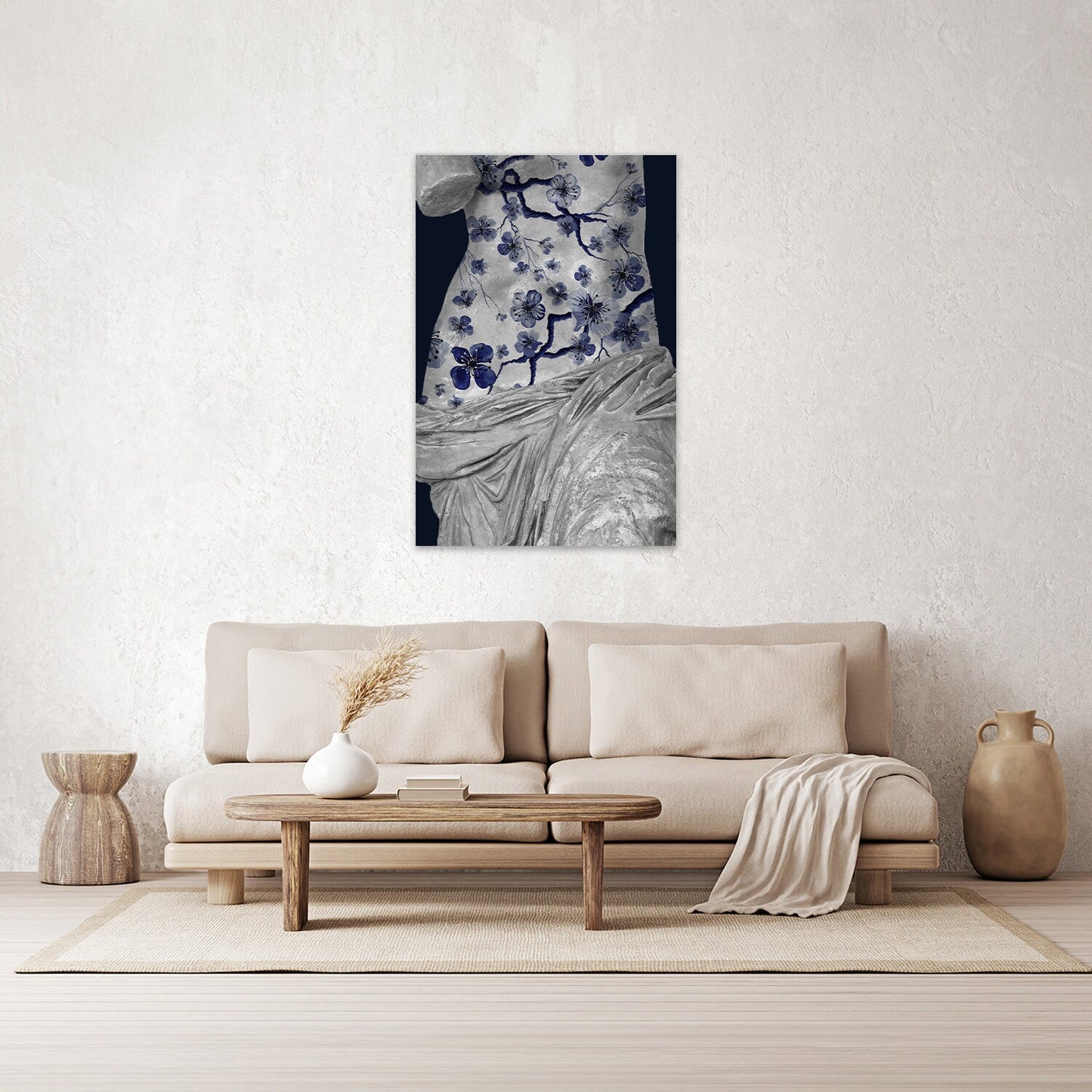 Blue & White Floral Classical Female Sculpture Minimalist Fine Art Glossy Large Aluminum Metal Print Wall Decor Modern Home Contemporary