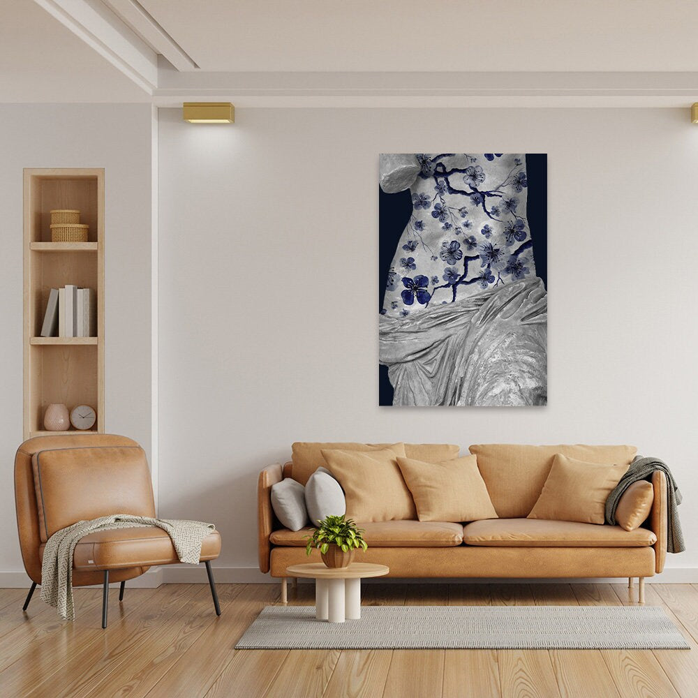 Blue & White Floral Classical Female Sculpture Minimalist Fine Art Glossy Large Aluminum Metal Print Wall Decor Modern Home Contemporary