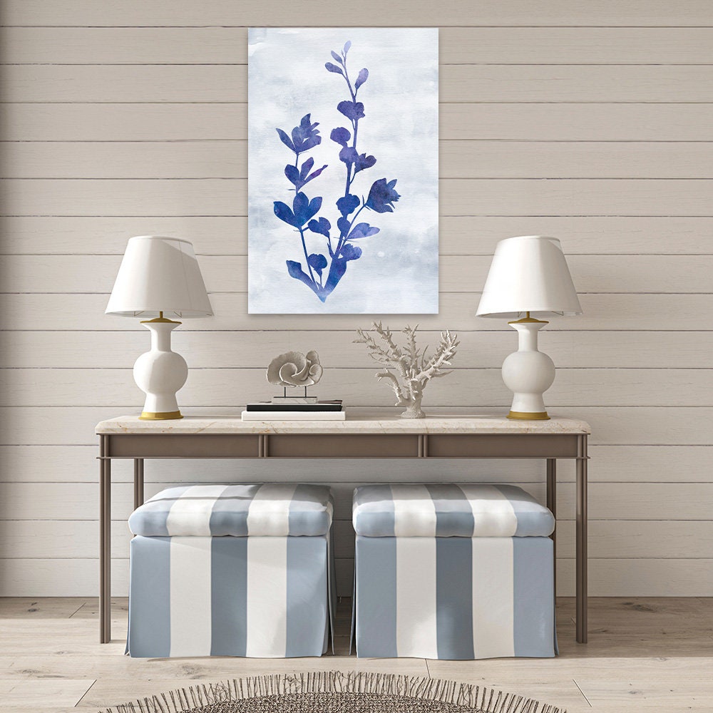 Blue & White Indigo Floral Botanical Minimalist Fine Art Metal Wall Glossy Large Aluminum Print Decor Modern Contemporary Coastal Painting I