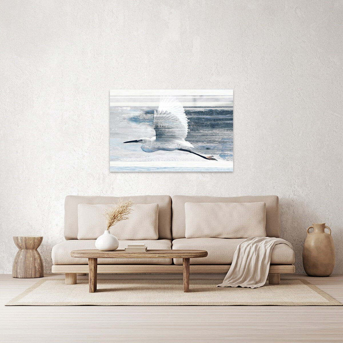 Sea Bird In Flight Coastal Modern Contemporary Blue White Metal Wall Art Glossy Large Aluminum Print Home Shorebird Heron Painting