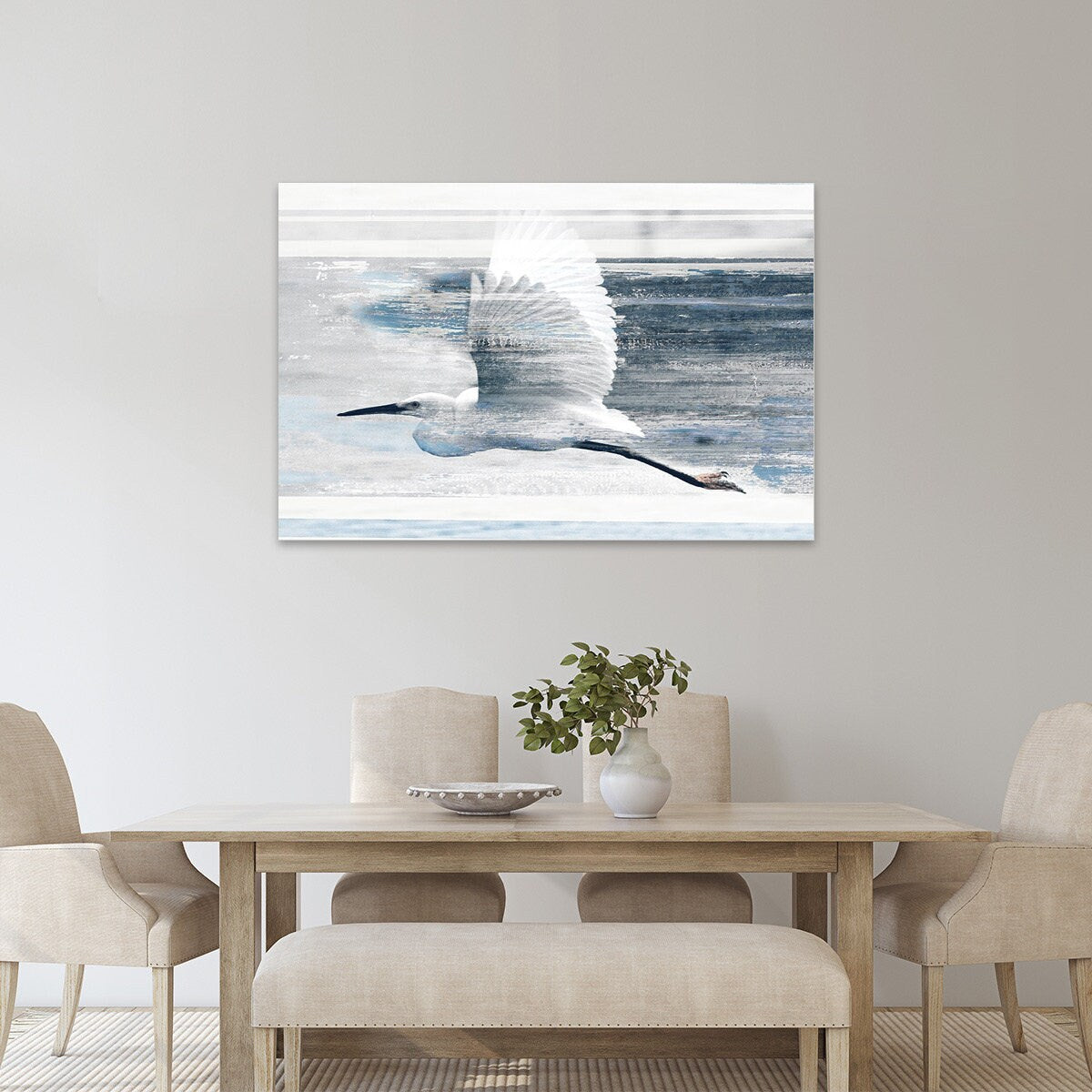 Sea Bird In Flight Coastal Modern Contemporary Blue White Metal Wall Art Glossy Large Aluminum Print Home Shorebird Heron Painting