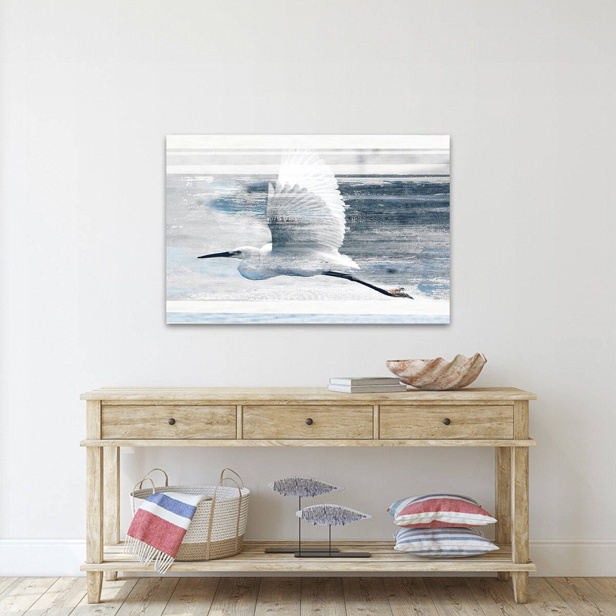 Sea Bird In Flight Coastal Modern Contemporary Blue White Metal Wall Art Glossy Large Aluminum Print Home Shorebird Heron Painting