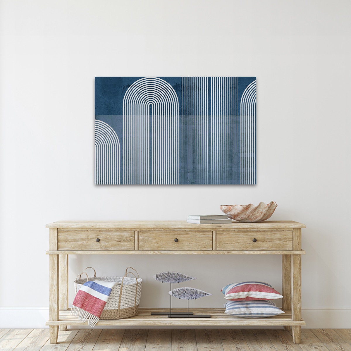 Bauhaus Blue & White Geometric Arches Abstract Modern Contemporary BOHO Metal Wall Art Glossy Large Aluminum Print Home Decor Painting